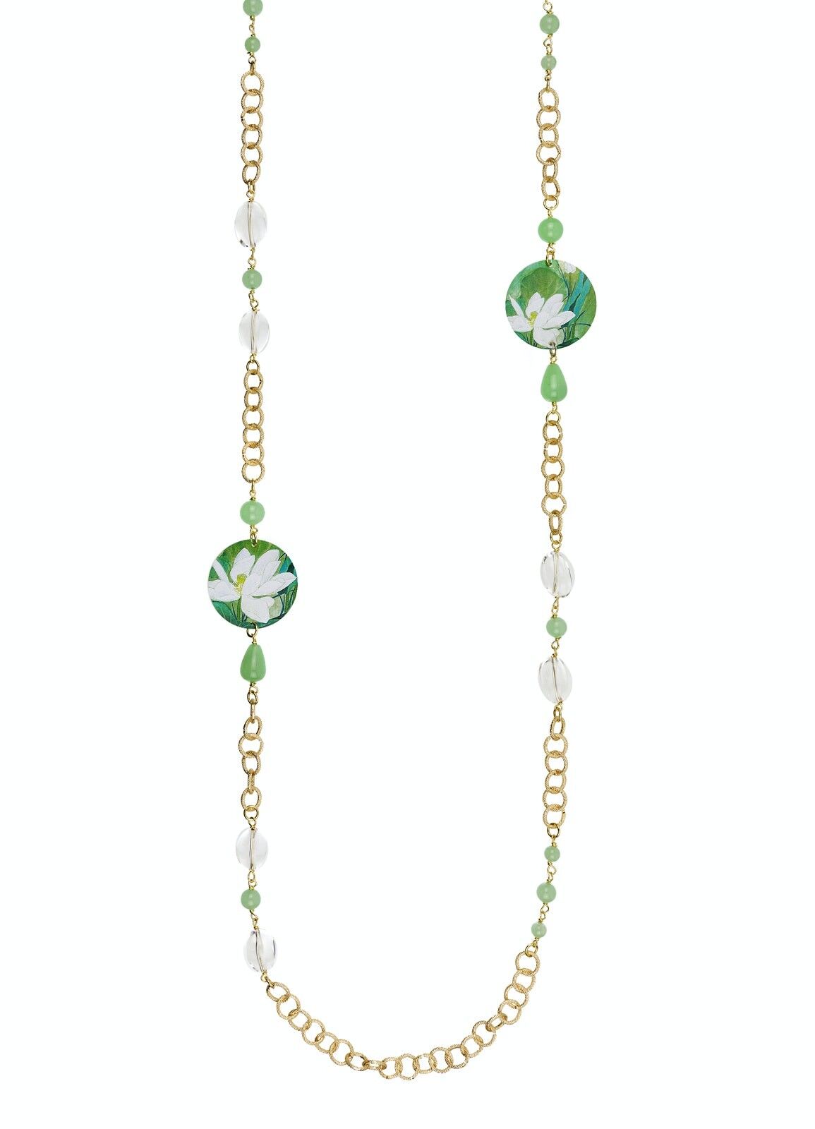 Celebra la primavera con gioielli ispirati ai fiori. Collana Lunga Donna The Circle Classico Fiore Bianco Fondo Verde Made in Italy