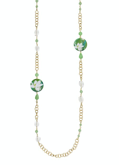 Celebra la primavera con gioielli ispirati ai fiori. Collana Lunga Donna The Circle Classico Fiore Bianco Fondo Verde Made in Italy