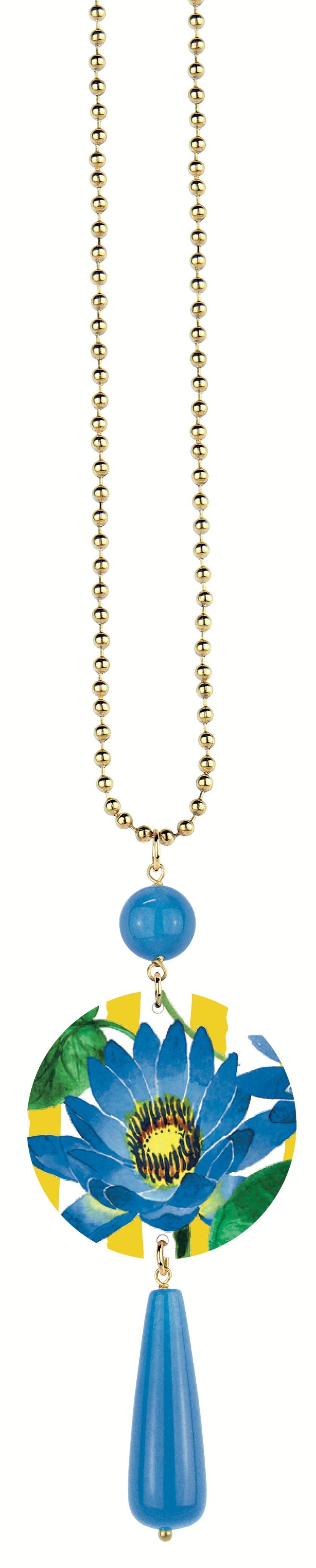Celebra la primavera con gioielli ispirati ai fiori. Collana Donna The Circle Classico Fiore Azzurro Fondo Righe Gialle Made in Italy