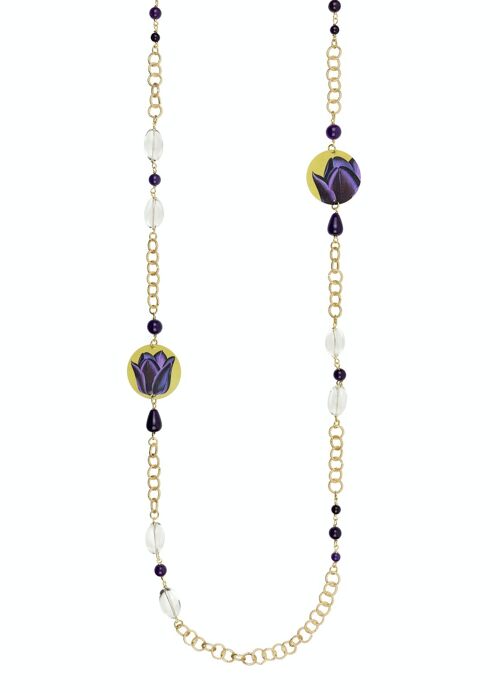 Celebra la primavera con gioielli ispirati ai fiori. Collana Lunga Donna The Circle Classico Fiore Viola Fondo Giallo Made in Italy