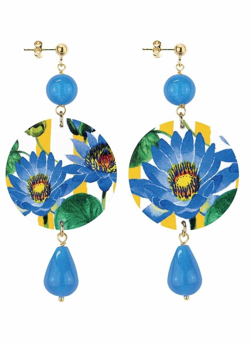 Celebrate spring with flower-inspired jewelry. The Circle Women's Earrings Classic Blue Flower Background Yellow Lines Made in Italy