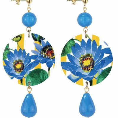 Celebrate spring with flower-inspired jewelry. The Circle Women's Earrings Classic Blue Flower Background Yellow Lines Made in Italy