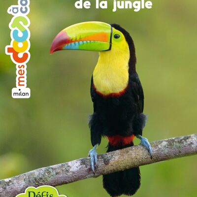 Libro documentario con figurine - Gli animali della giungla - Collezione "My docs to stick" Junior Nature Challenges