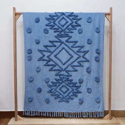 Hand-Tufted Blue Cotton Throw Blanket,  Boho Picnic Throw