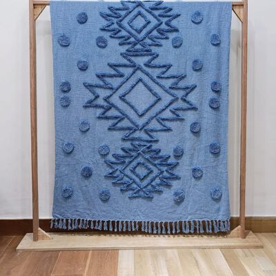 Hand-Tufted Blue Cotton Throw Blanket,  Boho Picnic Throw