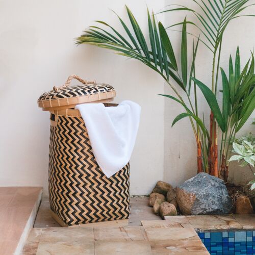 Korb gestreift Boho Wäschekorb mit Deckel NABIRE aus Bambus