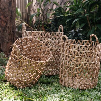 Round decorative basket NAILAKA made of water hyacinth (3 sizes) Large laundry basket Brown Braided