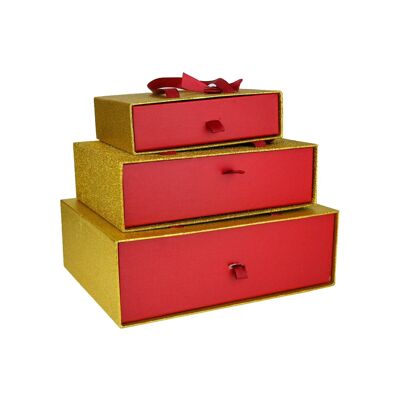 Set of 3 Rectangle Gift Box, Metallic Gold/Red Box with White Interior, Satin Bow and Carry Handle