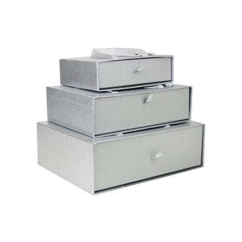 Set of 3 Rectangle Gift Box, Metallic Silver Box with White Interior, Satin Bow and Carry Handle