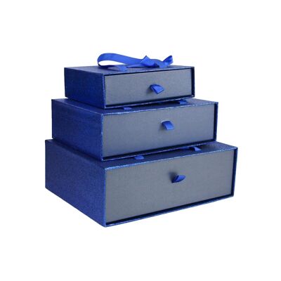 Set of 3 Gift Box, Metallic Dark Blue Box with Satin Bow and Carry Handle
