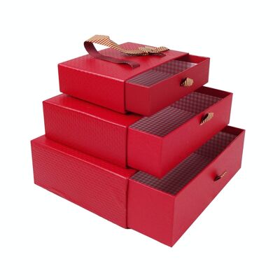 Set of 3 Gift Box, Textured Red Box with White Interior, Satin Bow and Carry Handle