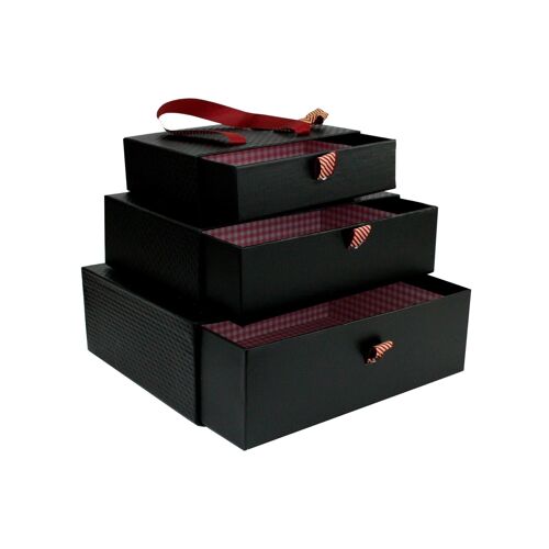 Set of 3 Gift Box, Textured Black Box with Satin Bow and Carry Handle