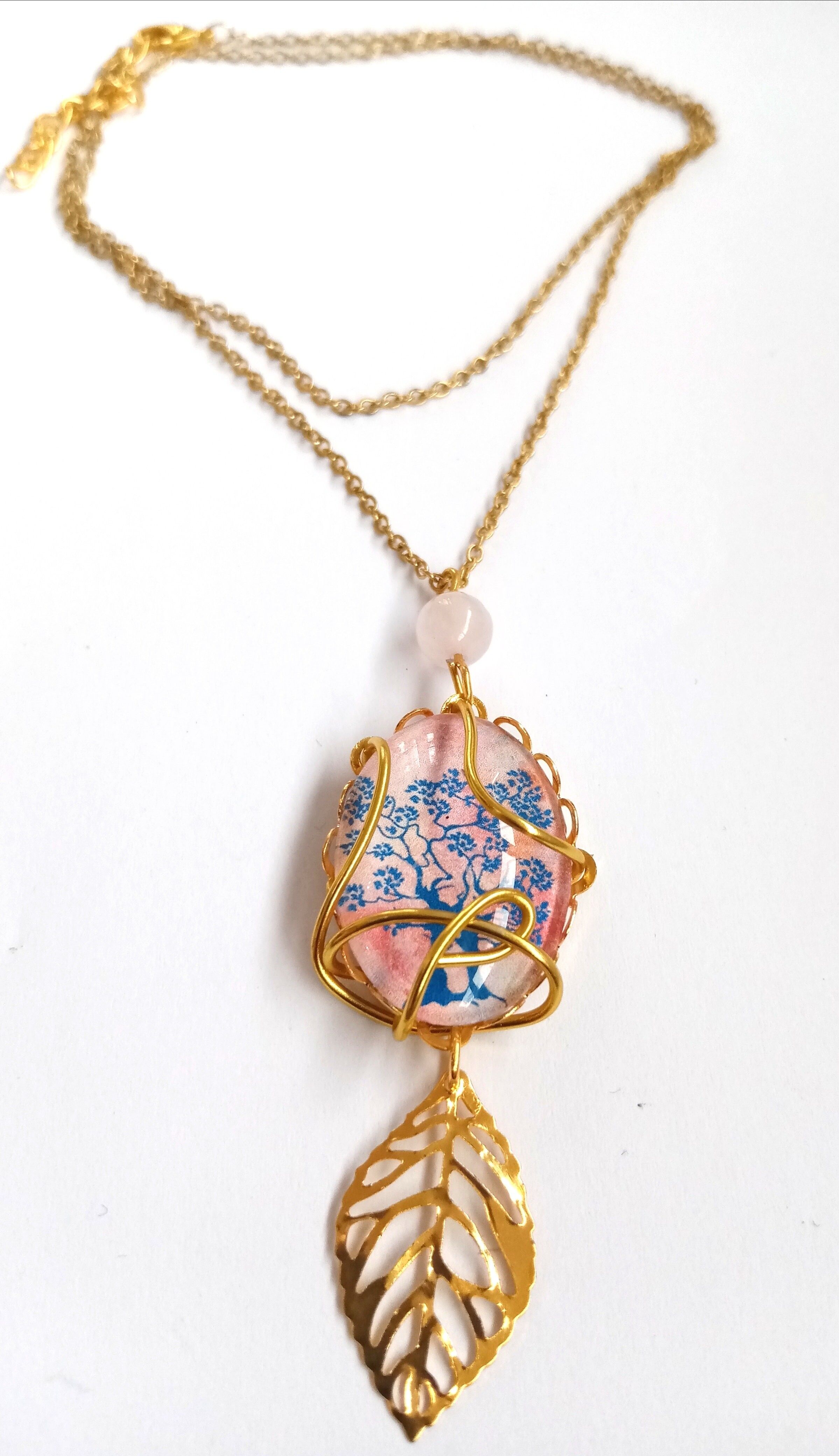 Pendentif Talisman Amoureux du Lac & perle de quartz rose.