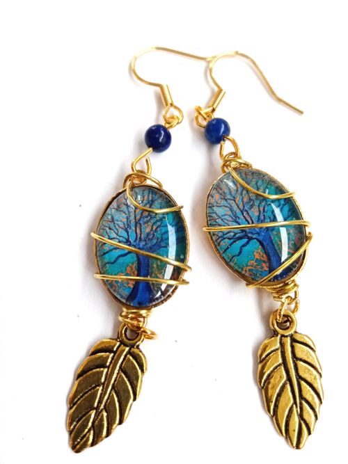 Boucles d’Oreilles Talisman Hêtre de Ponthus & perles de lapis lazuli.