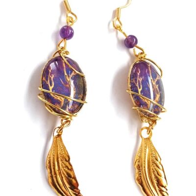 Golden Tree Talisman & Amethyst Beads Earrings
