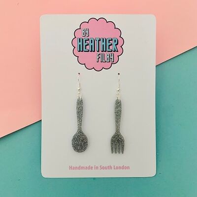 Silver Fork and Spoon Glitter Earrings