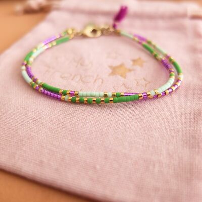 bracelet bohème double perles miyuki : violet, menthe et vert