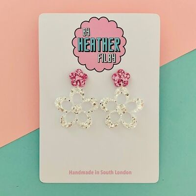 White Silver and Pink Glitter Flower Earrings