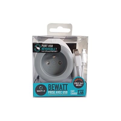 CHARGEUR PRISE AVEC PORT USB REVERSIBLE BLANC/GRIS + CABLE