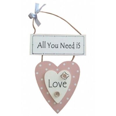 Hängendes Holzherz mit dem Satz ALL YOU NEED IS LOVE 13,5x6,5cm