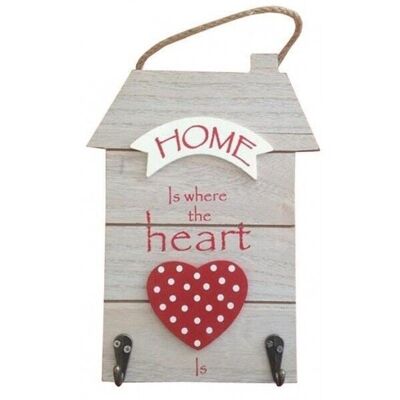 Appendino in legno a forma di casetta e scritta HOME IS WHERE THE HEART IS 16,5x30cm