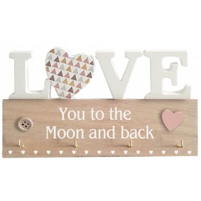 Percha de madera con 4 ganchos y la frase LOVE YOU TO THE MOON AND BACK 21x11cm