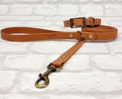 Waterproof BioThane© Dog Collar & Dog Lead Set - Light Brown & Antique Brass