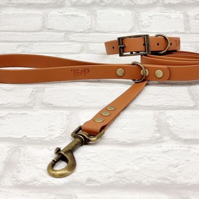 Waterproof BioThane© Dog Collar & Dog Lead Set - Light Brown & Antique Brass