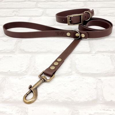 Waterproof BioThane© Dog Collar & Dog Lead Set - Dark Brown & Antique Brass