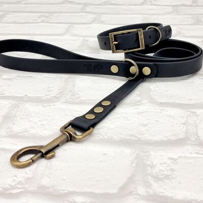 Waterproof BioThane© Dog Collar & Dog Lead Set - Black & Antique Brass