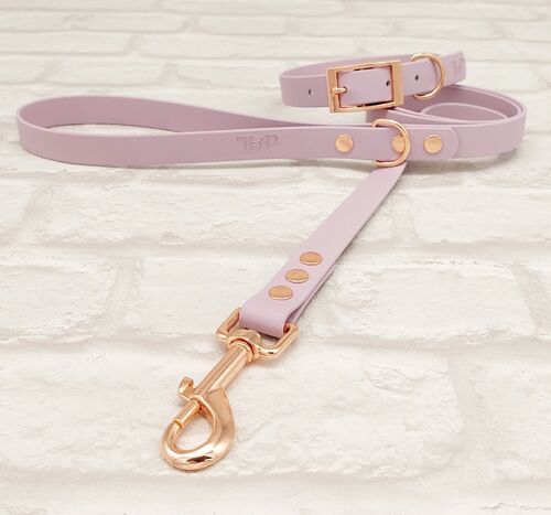 Waterproof BioThane© Dog Collar & Dog Lead Set - Lilac & Rosegold