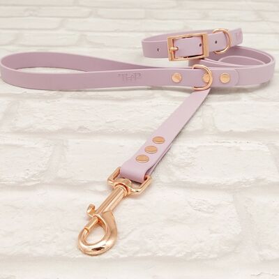 Waterproof BioThane© Dog Collar & Dog Lead Set - Lilac & Rosegold