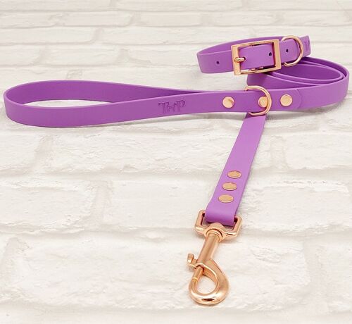 Waterproof BioThane© Dog Collar & Dog Lead Set - Amethyst & Rosegold