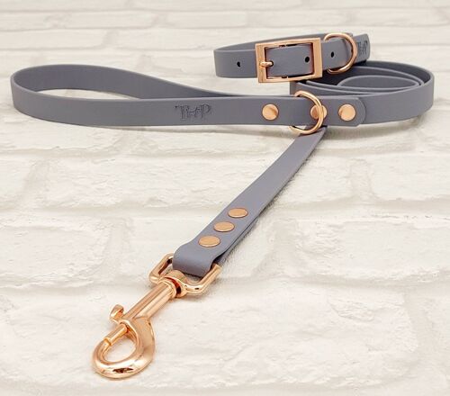 Waterproof BioThane© Dog Collar & Dog Lead Set - Grey & Rosegold