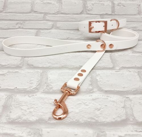 Waterproof BioThane© Dog Collar & Dog Lead Set - White & Rosegold