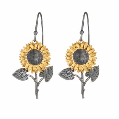 Sterling Silver Sunflower With Stalk Drop Earrings