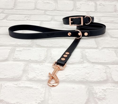 Waterproof BioThane© Dog Collar & Dog Lead Set - Black & Rosegold