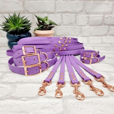 Waterproof BioThane© Dog Collar and Lead Bundle - Amethyst & Rosegold