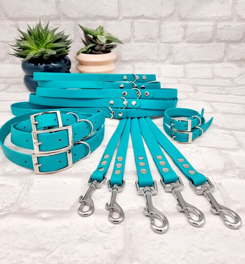 Waterproof BioThane© Dog Collar & Lead Bundle - Teal & Silver