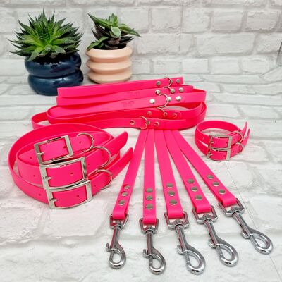 Wasserdichtes BioThane© Hundehalsband & Leine Bundle - Neon Pink & Silber