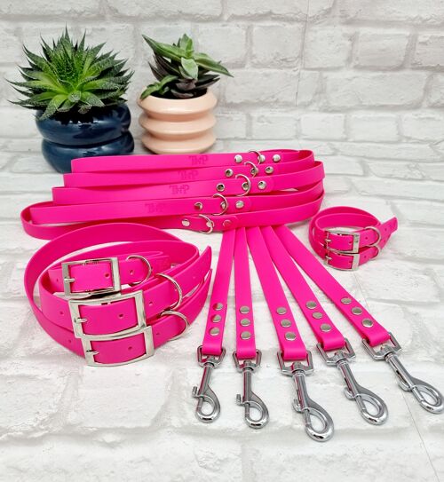 Waterproof BioThane© Dog Collar & Lead Bundle - Electric Pink & Silver