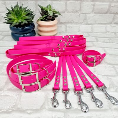 Wasserdichtes BioThane© Hundehalsband & Leine im Bündel - Electric Pink & Silver