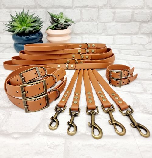 Waterproof BioThane Dog Collar & Lead Bundle - Light Brown & Antique Brass