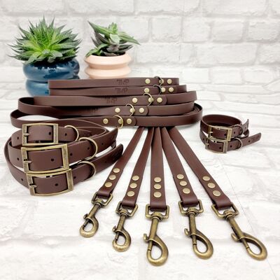 Waterproof BioThane Dog Collar & Lead Bundle - Dark Brown & Antique Brass