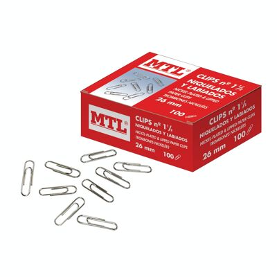 Box of 100 nickel-plated clips, 26 mm