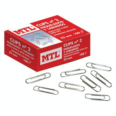 Box of 100 nickel-plated clips, 32 mm