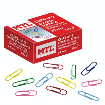 Box of 100 multicolored clips, 32 mm