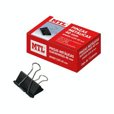 Box with 12 black metal paper clips, 40 mm