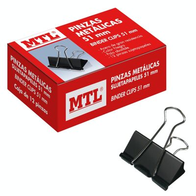 Box with 12 black metal paper clips, 51 mm