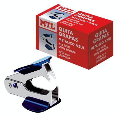 Metallic and blue staple remover with safety lock